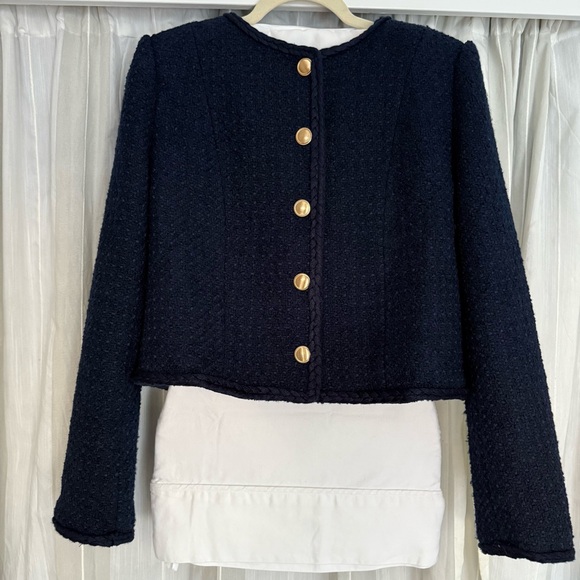 Aqua Navy Blazer Women’s Medium Tweed Jacket Gold Button Classic Chic - Picture 3 of 11